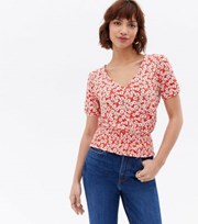 New Look Red Floral Shirred Hem Button Blouse